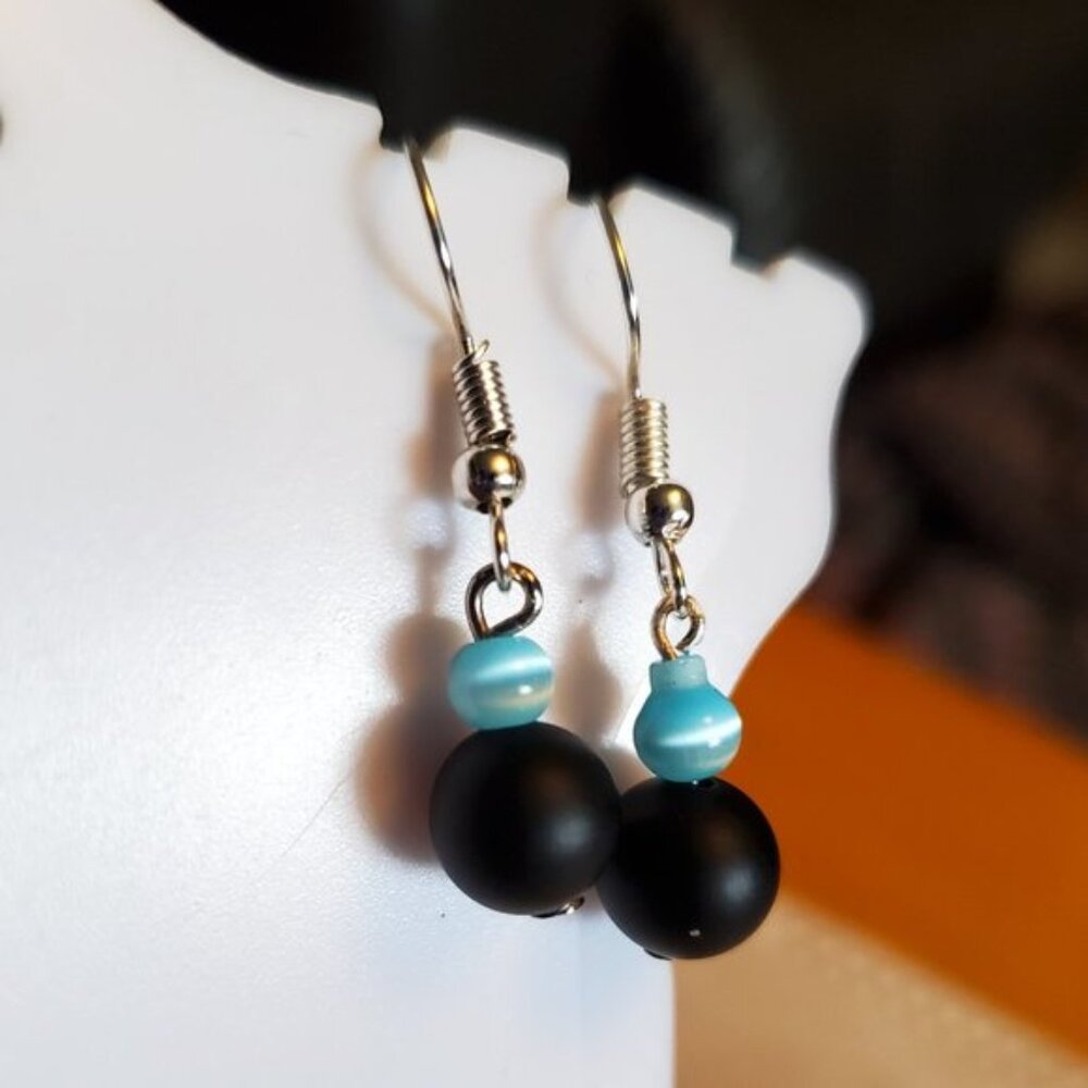 Silver Tone Hook Lava Bead and Cat's Eye Earrings